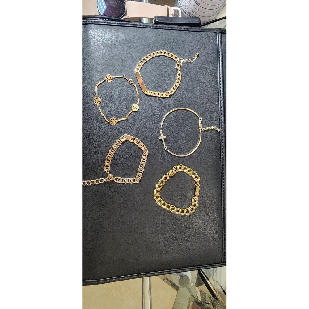Gold Tone Bracelet Bundle Set 5pc Curb Chain Cross Bangle‎ Floral Link Layering